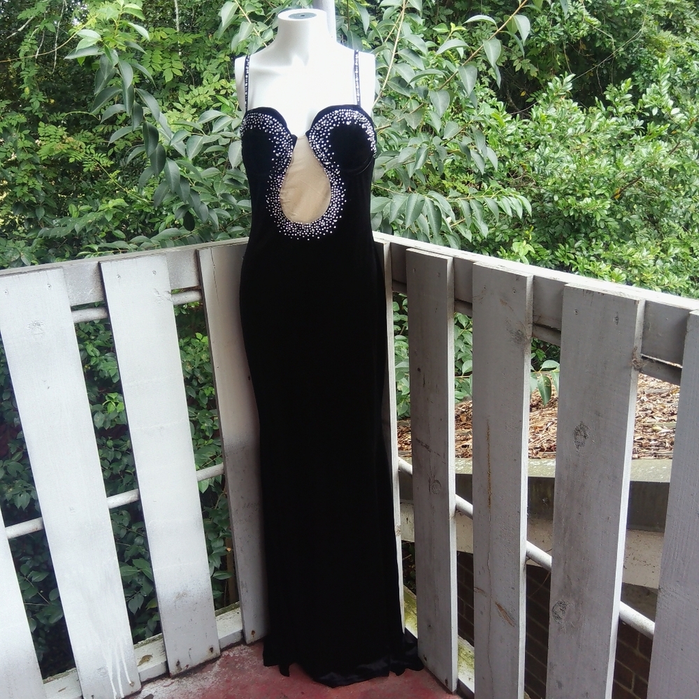 Black Velvet Embellished Bling Long Maxi Dress Gown  Whimsygoth Prom